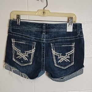 Dark Blue Jean Shorts with Frayed Cudded Hem and Decorative Stitching
